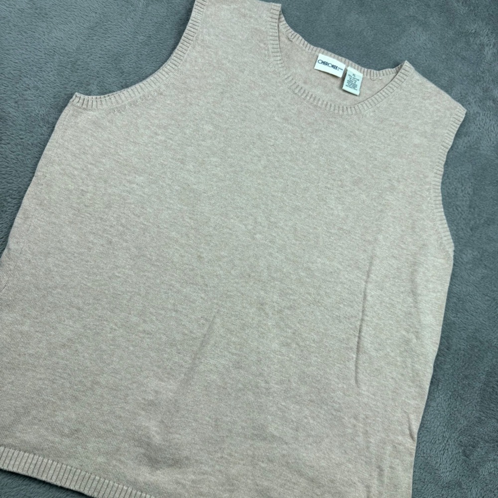 Cherokee Brand Sweater Vest Women XL Tan Excellent Cotton Knit Crew Layering
